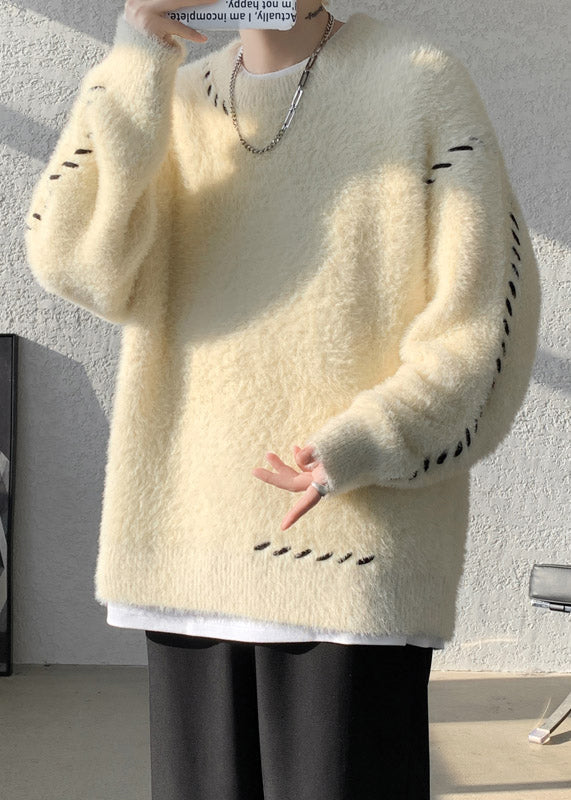 Simple Beige O Neck Solid Mink Hair Knitted Men Sweater Winter RC040