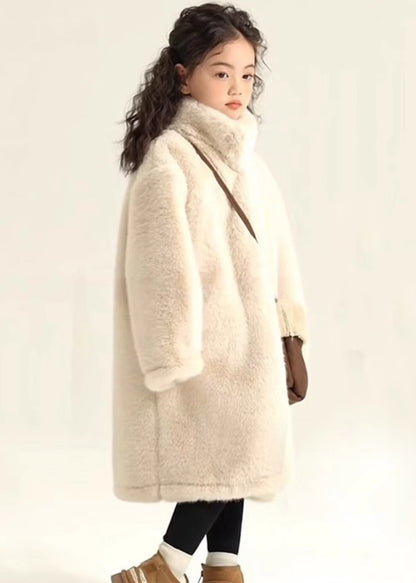 Simple Beige Stand Collar Girls Mink Velvet Maxi Coat Winter WL026