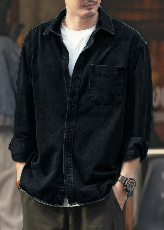 Chemises simples en jean à poches boutonnées pour hommes, couleur noire