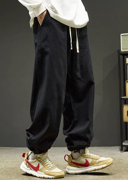 Simple Black Drawstring Solid Warm Fleece Men Beam Pants Spring RM059