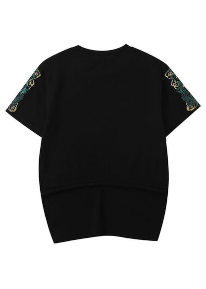 Simple Black Embroideried Solid Cotton Men T Shirt Summer LK061