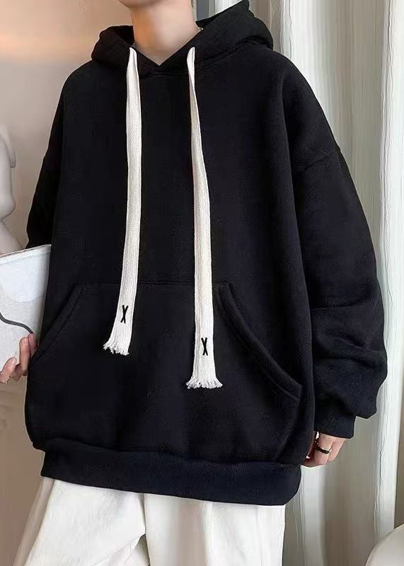 Sweat-shirt simple noir à capuche et poches à lacets en coton pour homme, printemps YQ030