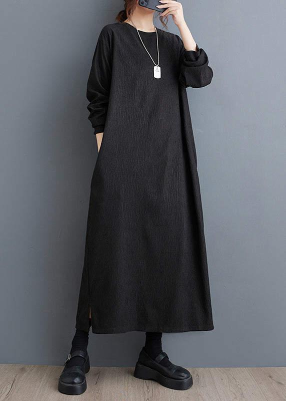 Simple Black O Neck Plus Size Cotton Long Dress Fall OO033