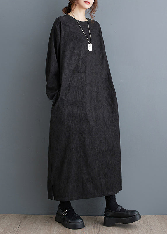 Simple Black O Neck Plus Size Cotton Long Dress Fall OO033