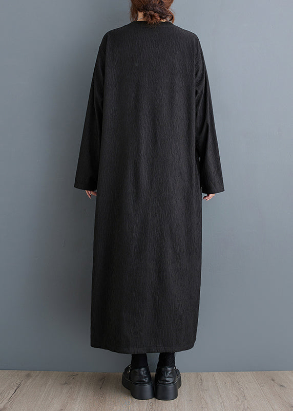 Simple Black O Neck Plus Size Cotton Long Dress Fall OO033