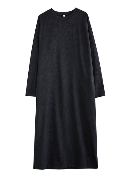 Simple Black O Neck Plus Size Cotton Long Dress Fall OO033