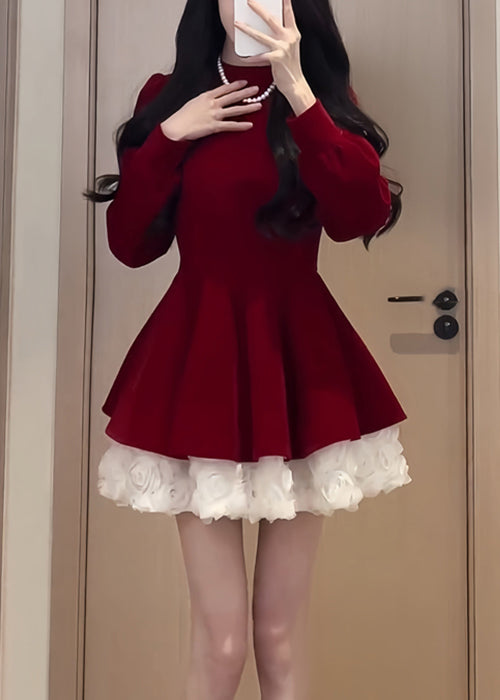 Einfaches schwarzes O-Ausschnitt-Patchwork-Seidensamt-Mittelkleid Frühling YT036