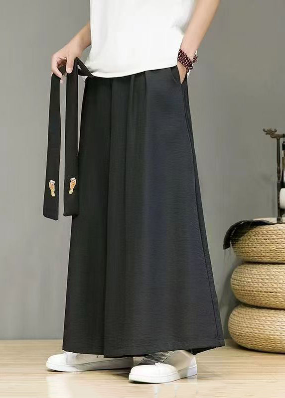 Simple Black Pockets Elastic Waist Cotton Mens Wide Leg Pants Summer SA034