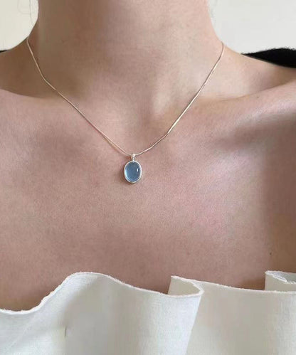 Simple Blue Alloy Gem Stone Pendant Necklace KX1030