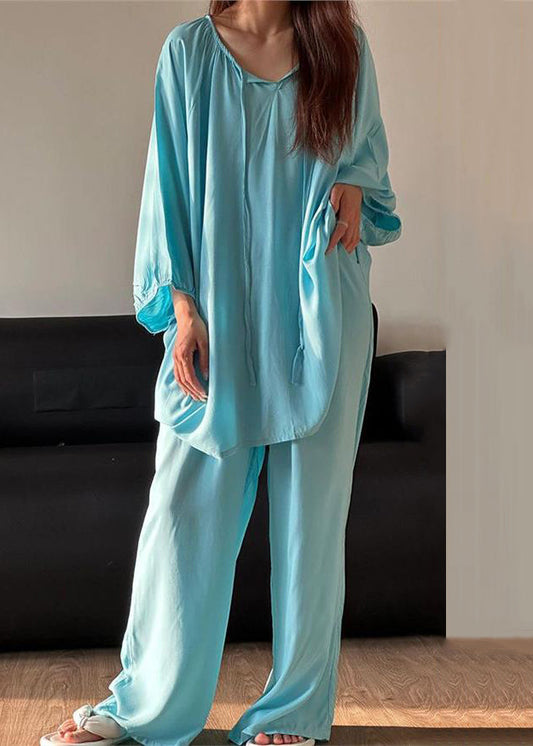Simple Piece Blue Lace Up Set Solid O Cotton Pajamas Two Neck