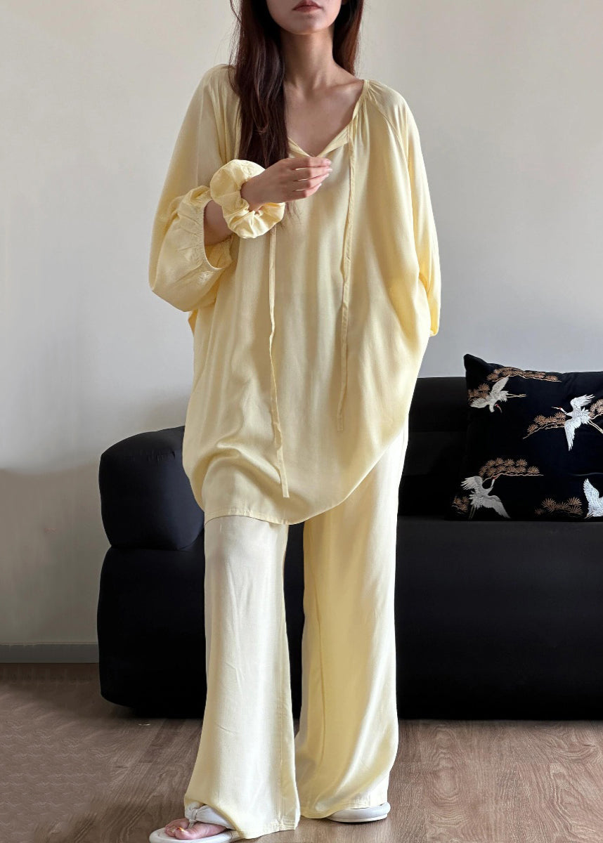 Simple Piece Blue Lace Up Set Solid O Cotton Pajamas Two Neck