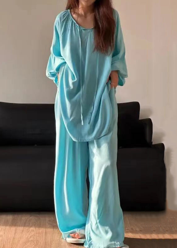 Simple Piece Blue Lace Up Set Solid O Cotton Pajamas Two Neck