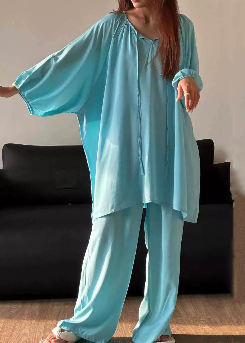 Simple Piece Blue Lace Up Set Solid O Cotton Pajamas Two Neck