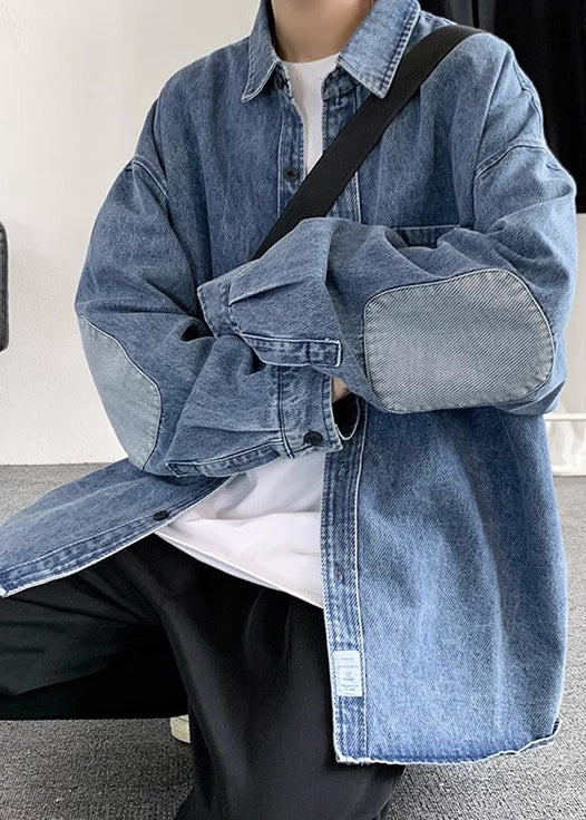 Chemises Peter bleues simples à col en denim et poches à rabat pour homme