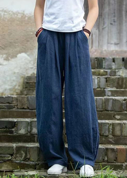 Simple Blue Pockets Solid Linen Pants Summer QE022