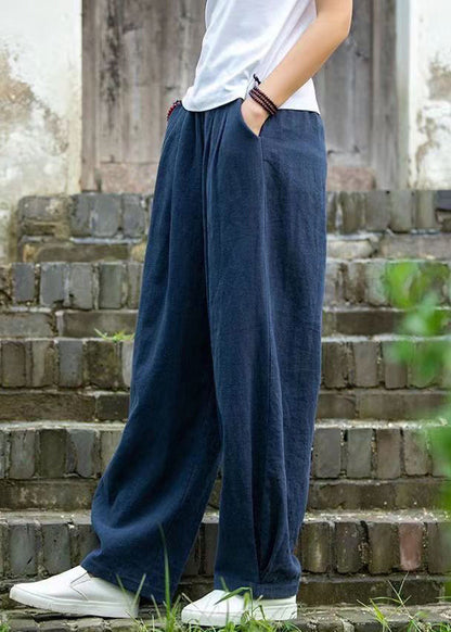 Simple Blue Pockets Solid Linen Pants Summer QE022