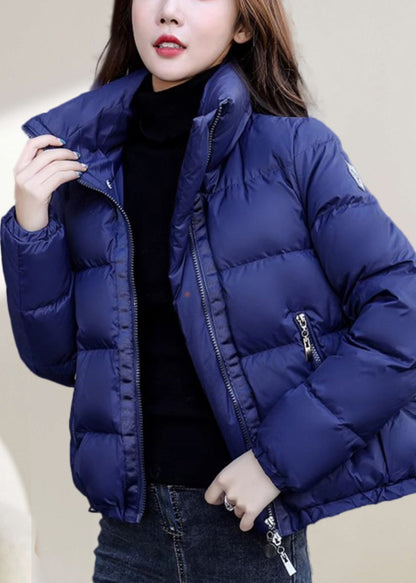 Simple Blue Stand Collar Zip Up Solid Down Coat Winter WL012