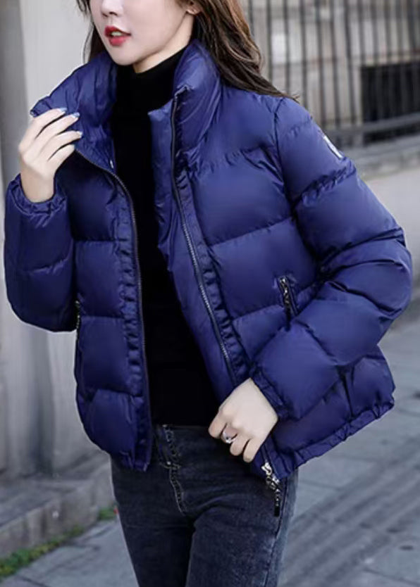 Simple Blue Stand Collar Zip Up Solid Down Coat Winter ER019