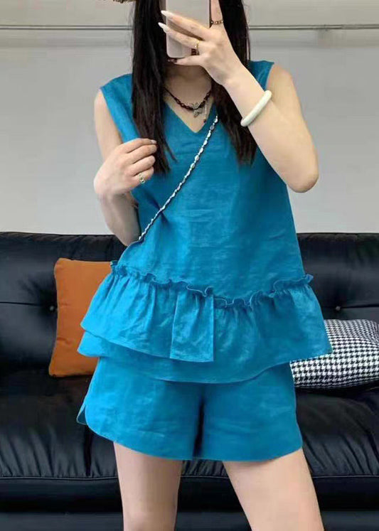 Set Two Blue Sleeveless Neck Linen Simple V Piece Ruffled