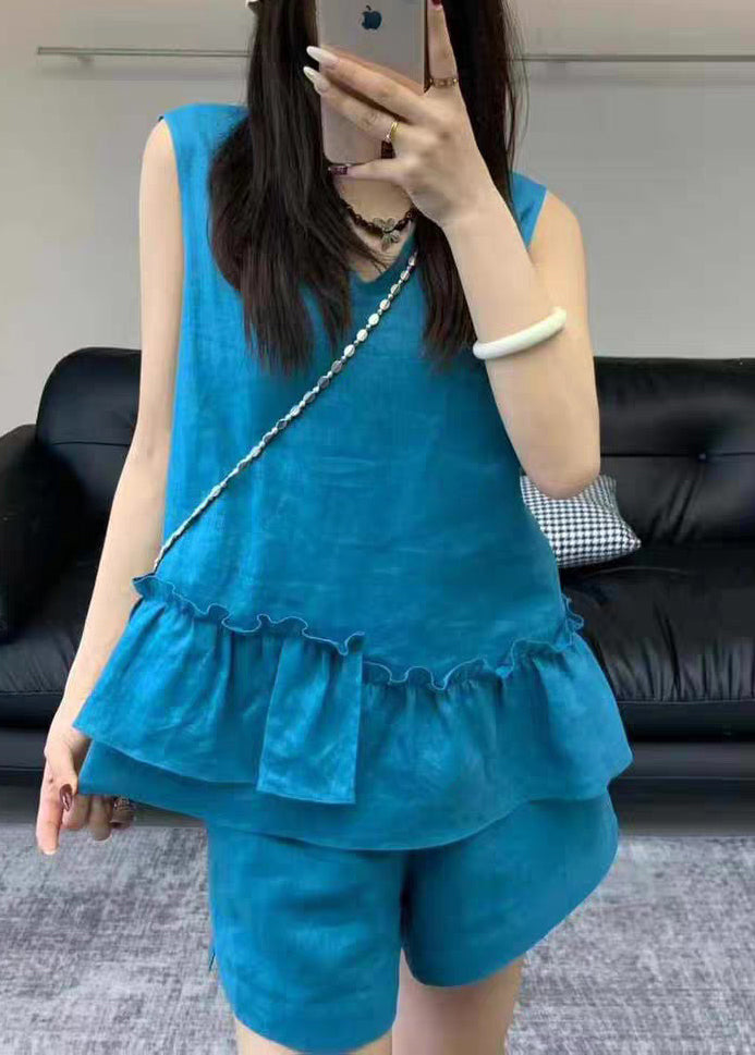 Set Two Blue Sleeveless Neck Linen Simple V Piece Ruffled