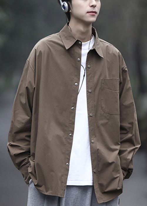 Men Simple Peter Brown Shirts Pan Collar Cotton Spring Button