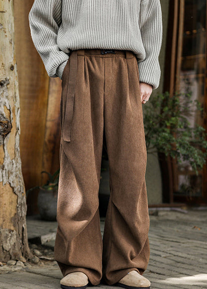 Simple Brown Pockets High Waist Warm Fleece Corduroy Men Pants Spring RM023