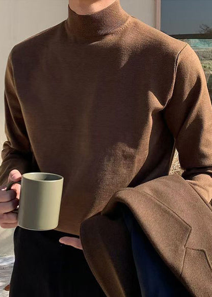 Simple Brown Turtleneck Solid Knit Men Sweaters Winter RJ039