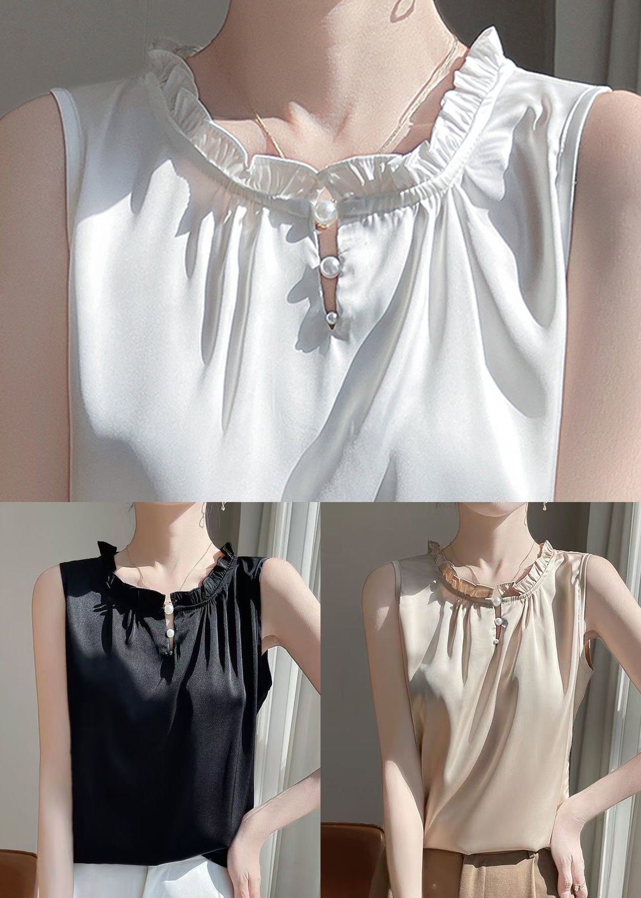 O-Neck Button Shirt Silk Simple Color Champagne Summer Pearl
