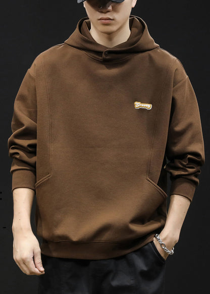 Simple Coffee Hooded Solid Warm Fleece Men Sweatshirt Winter RP071