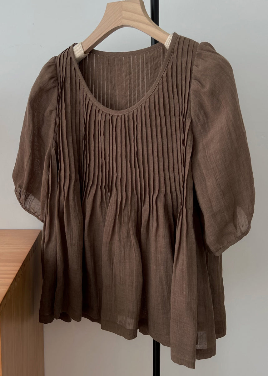 Hals Ärmel Kaffee Hemd Einfache Leinen Wrinkled O Halb