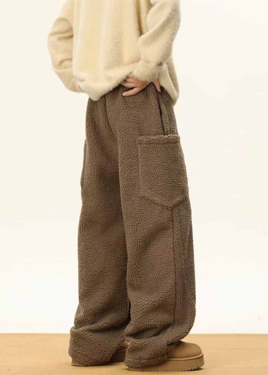 Simple Coffee Pockets Elastic Waist Teddy Faux Fur Men Pants Winter RM022