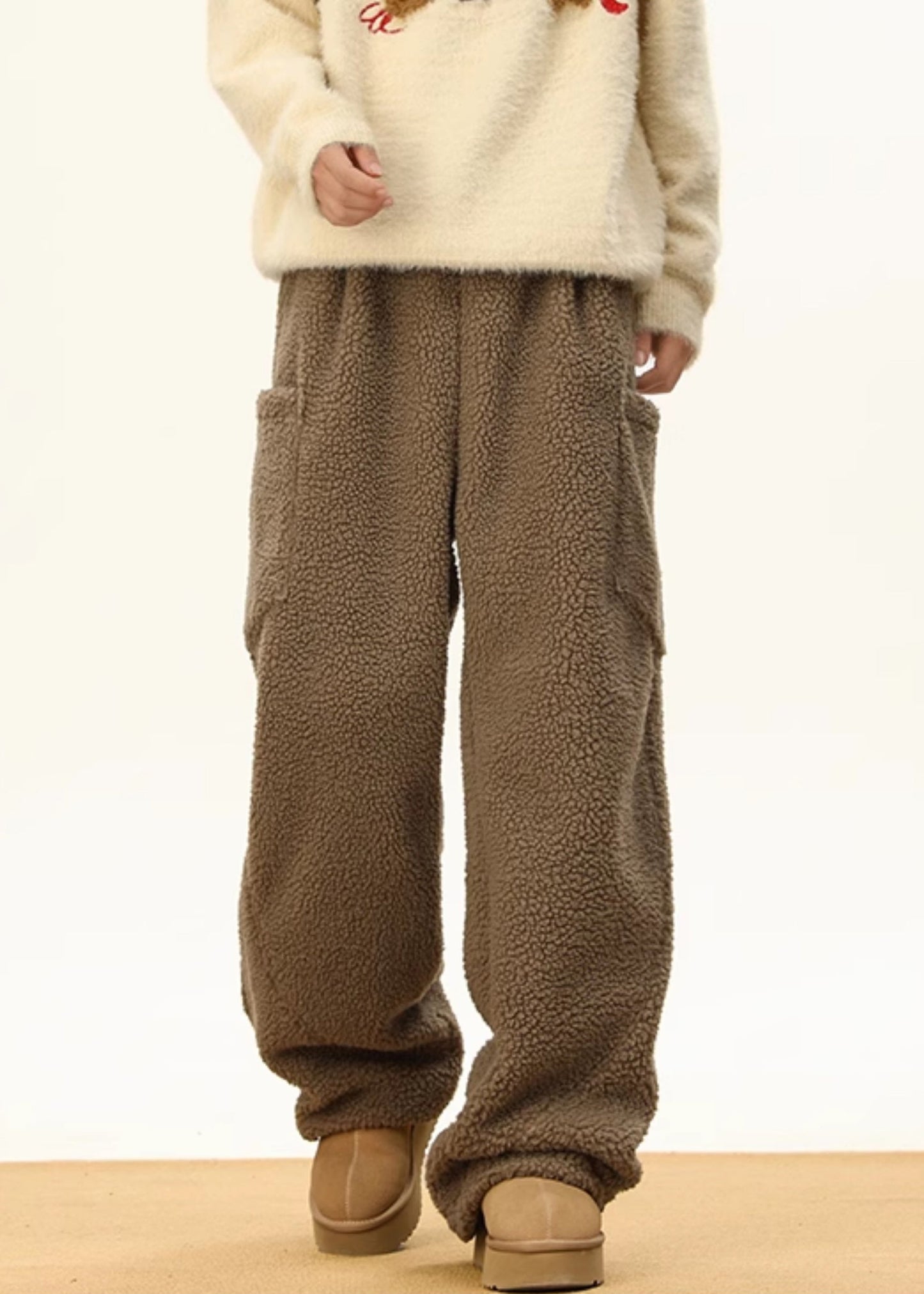 Simple Coffee Pockets Elastic Waist Teddy Faux Fur Men Pants Winter RM022