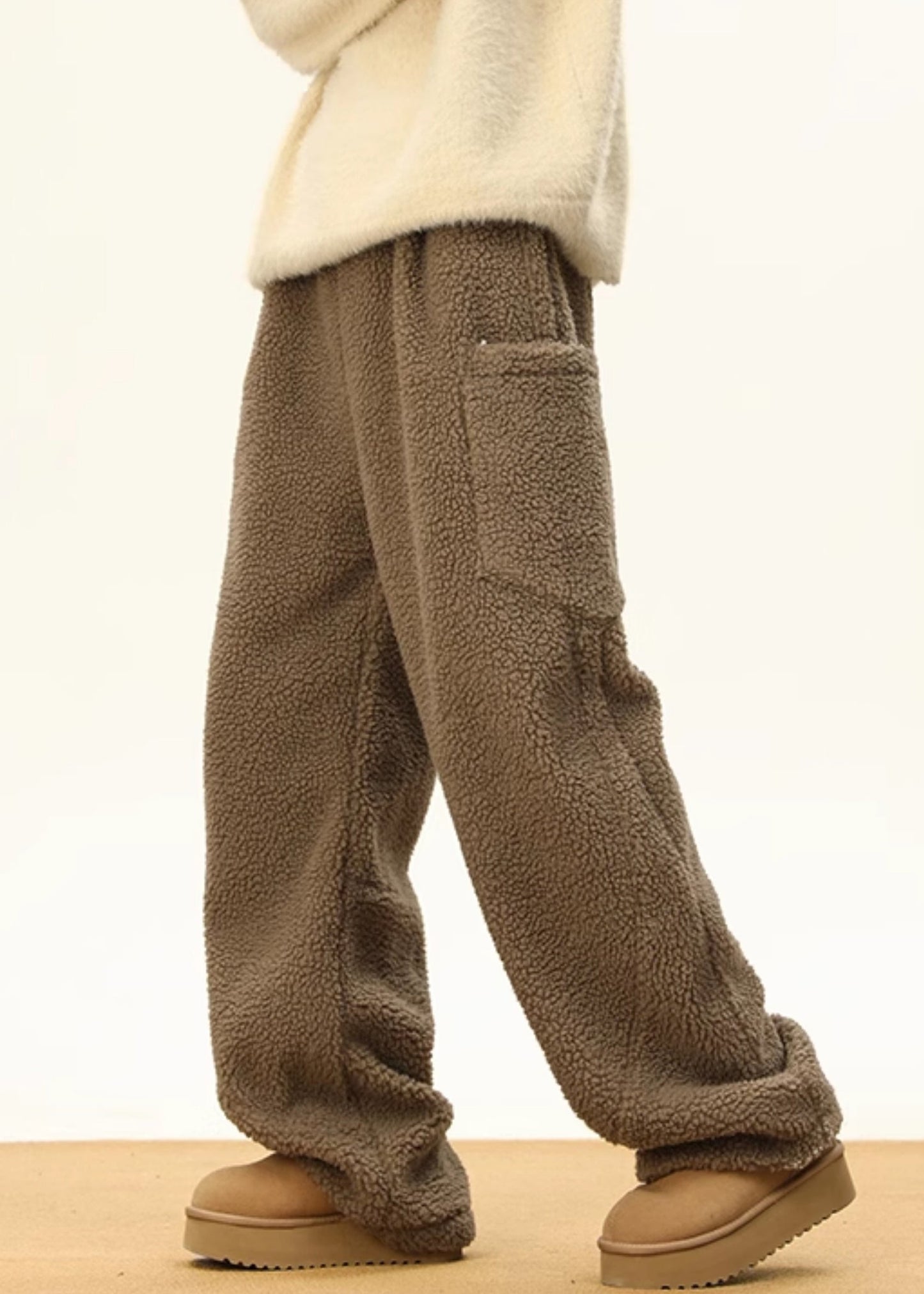 Simple Coffee Pockets Elastic Waist Teddy Faux Fur Men Pants Winter RM022