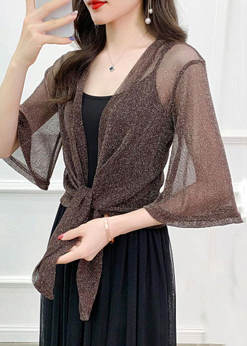 Simple Coffee Solid Bright Silk Tulle Cardigan Summer Ada Fashion