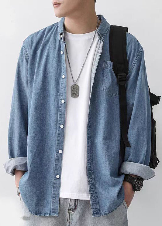 Chemises à boutons simples pour hommes Peter Denim bleu foncé à col montant