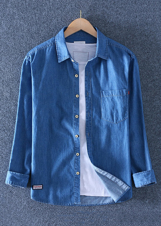 Chemises en jean à col Peter Blue Pan pour homme, couleur unie foncée, poches simples