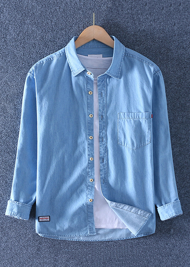 Collar Denim Peter Blue Pan Men Dark Solid Pockets Shirts Simple