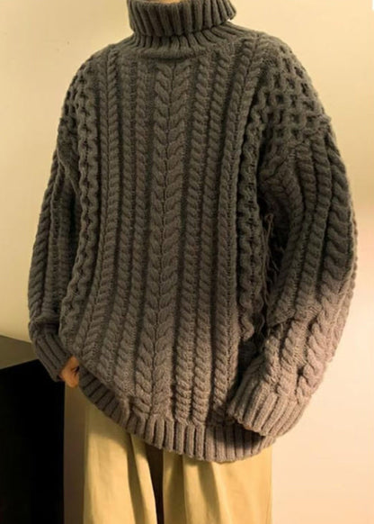 Simple Dark Gray Cozy Cotton Cable Knit Men Sweaters Turtleneck Winter RJ043