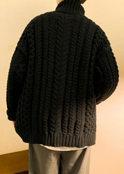 Simple Dark Gray Cozy Cotton Cable Knit Men Sweaters Turtleneck Winter RJ043