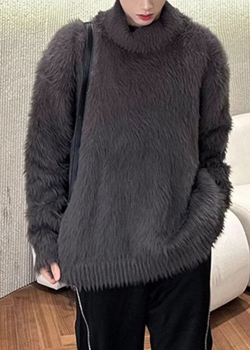 Simple Dark Gray Solid Mink Hair Knitted Mens Sweaters Turtleneck Winter RC041