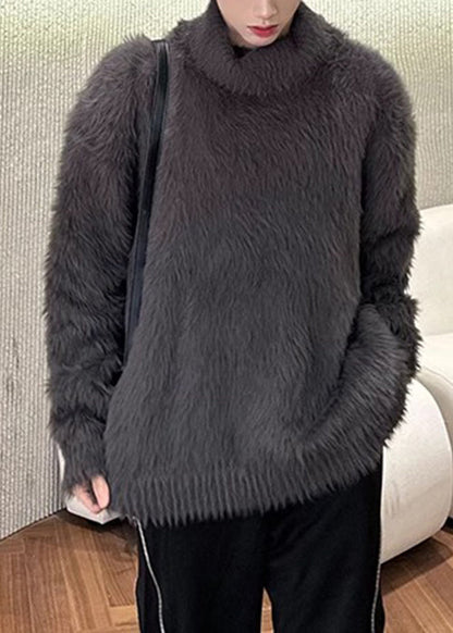 Simple Dark Gray Solid Mink Hair Knitted Mens Sweaters Turtleneck Winter RC041