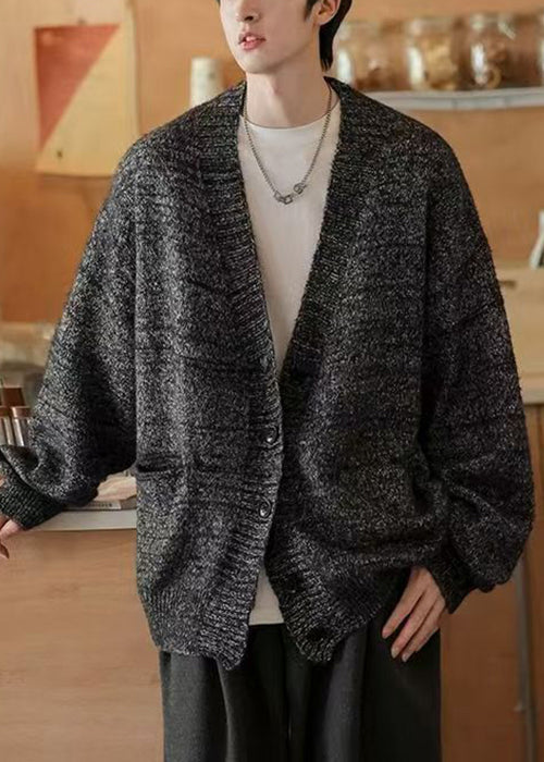 Spring Cardigans Simple Mens Pockets Neck V Gray Knit Dark