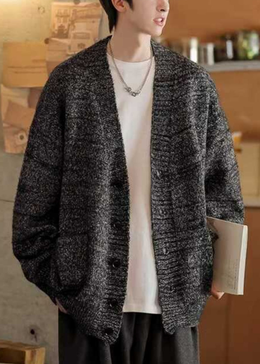 Cardigans de printemps simples pour hommes, poches, col en V, tricot gris foncé
