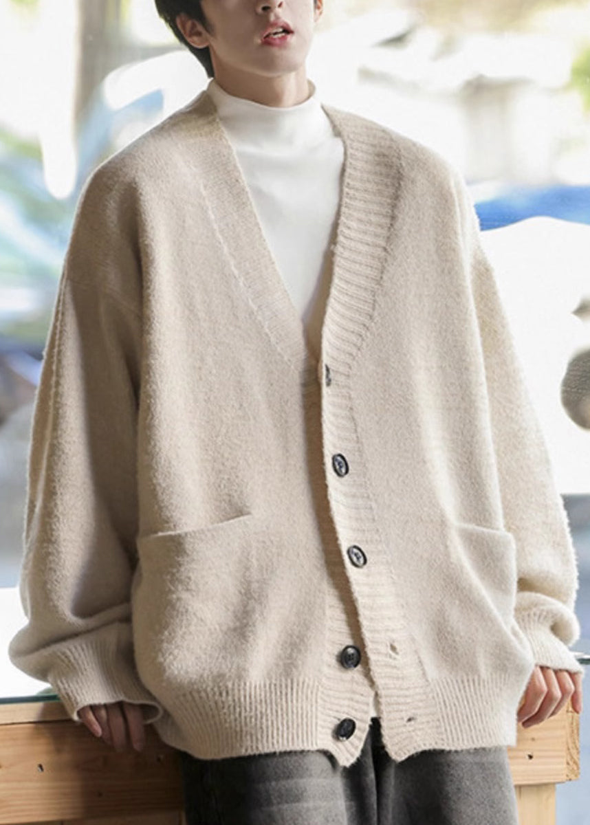 Cardigans de printemps simples pour hommes, poches, col en V, tricot gris foncé