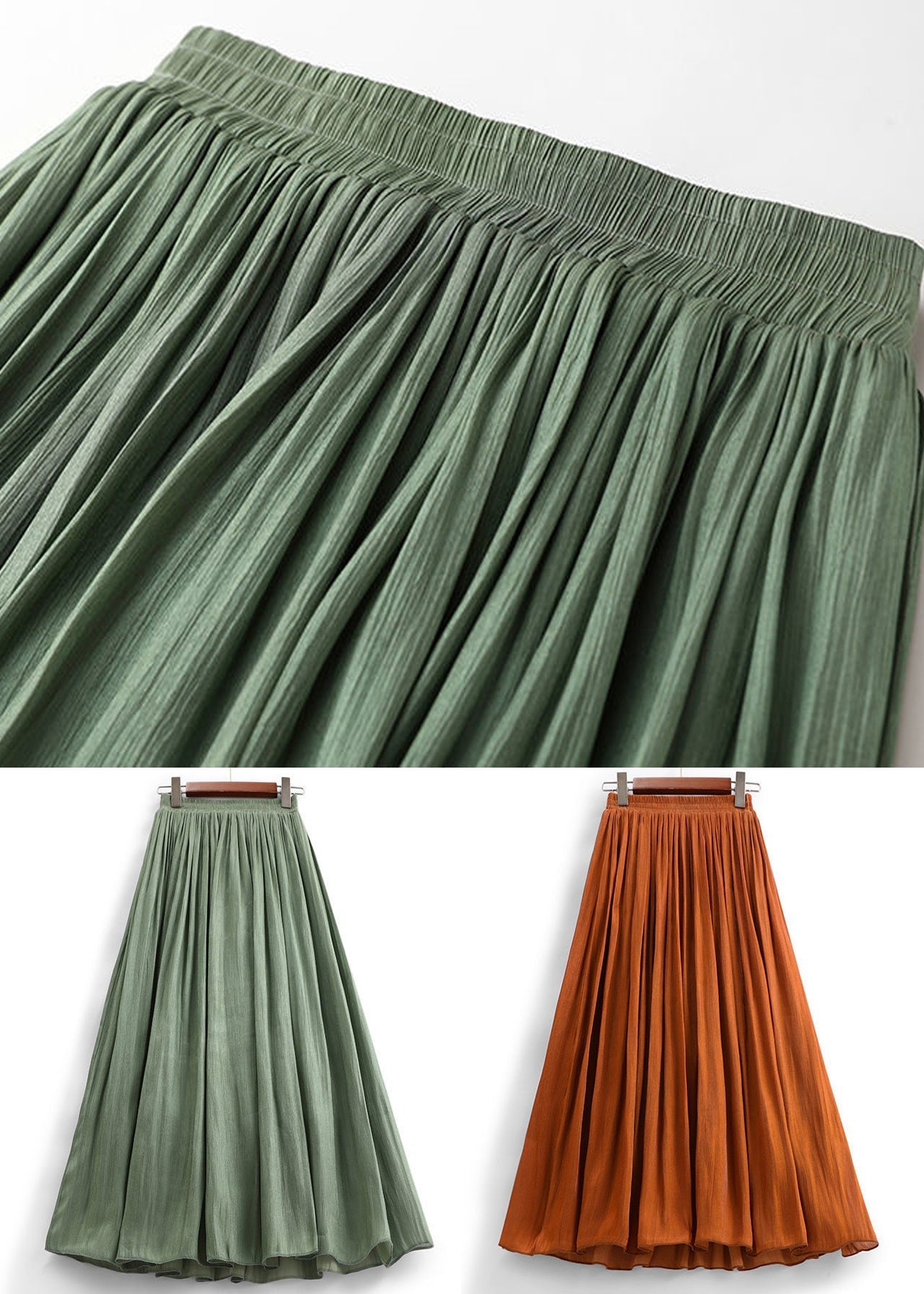 Simple Green Solid Elastic Waist Cotton Skirt Summer Ada Fashion