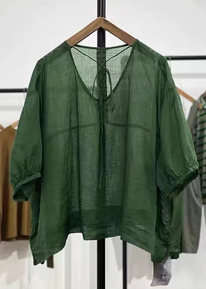 Simple Green V Neck Lace Up Cotton Top Half Sleeve RE004