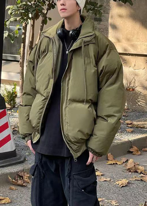 Simple Green Zip Up Pockets Solid Men Parka Winter WL002