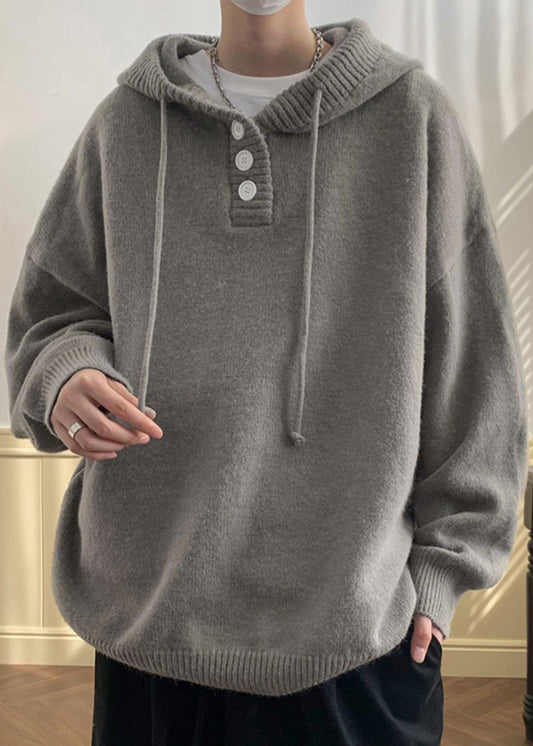 Simple Grey Hooded Button Solid Knit Men Sweaters Winter RP063