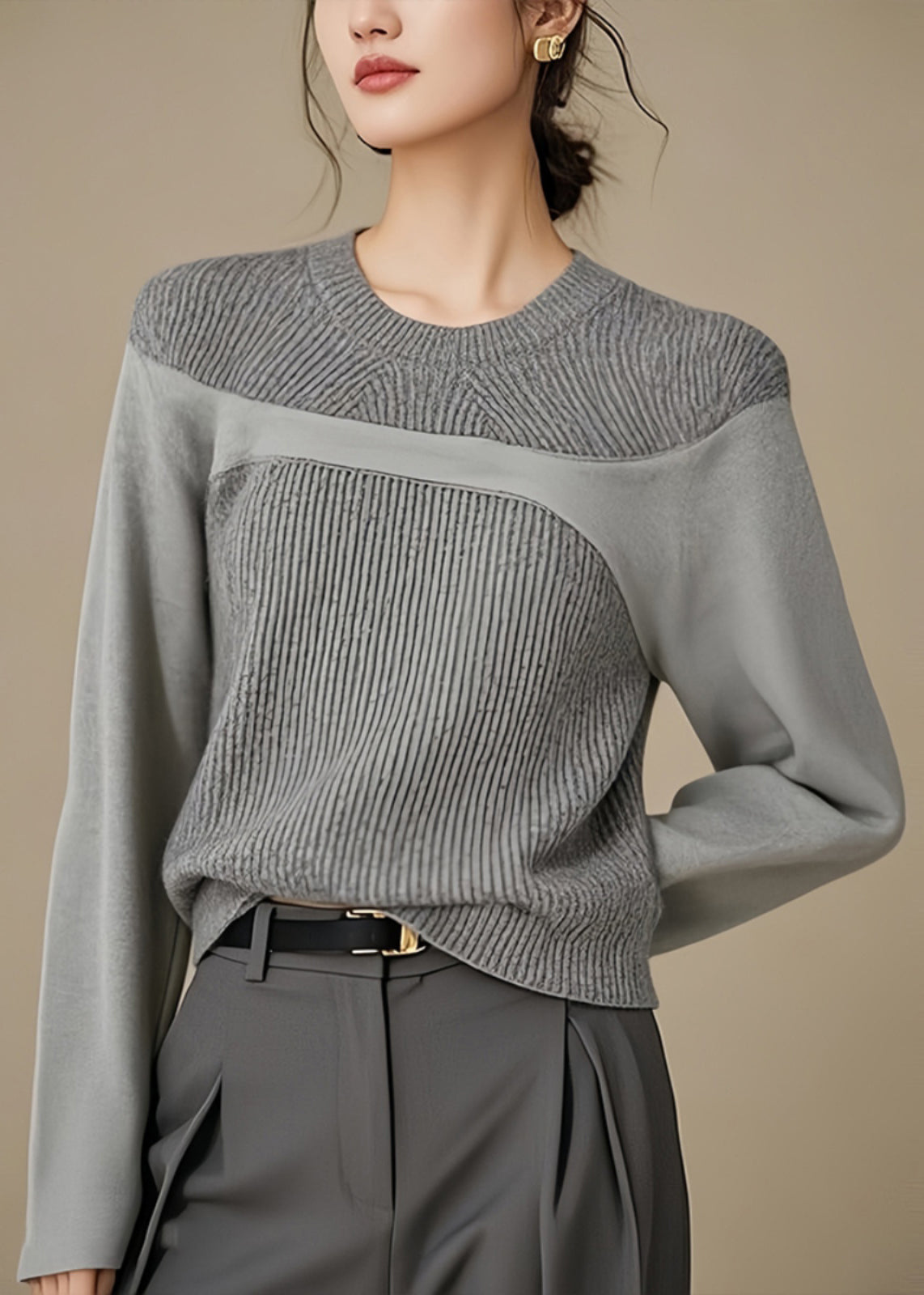 Simple Grey O Neck Patchwork Knit Top Winter RK025