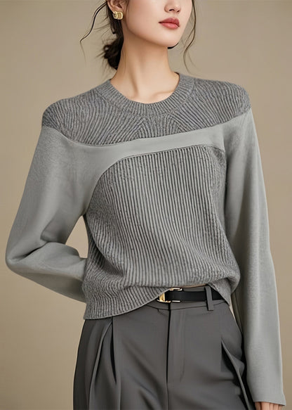 Simple Grey O Neck Patchwork Knit Top Winter RK025